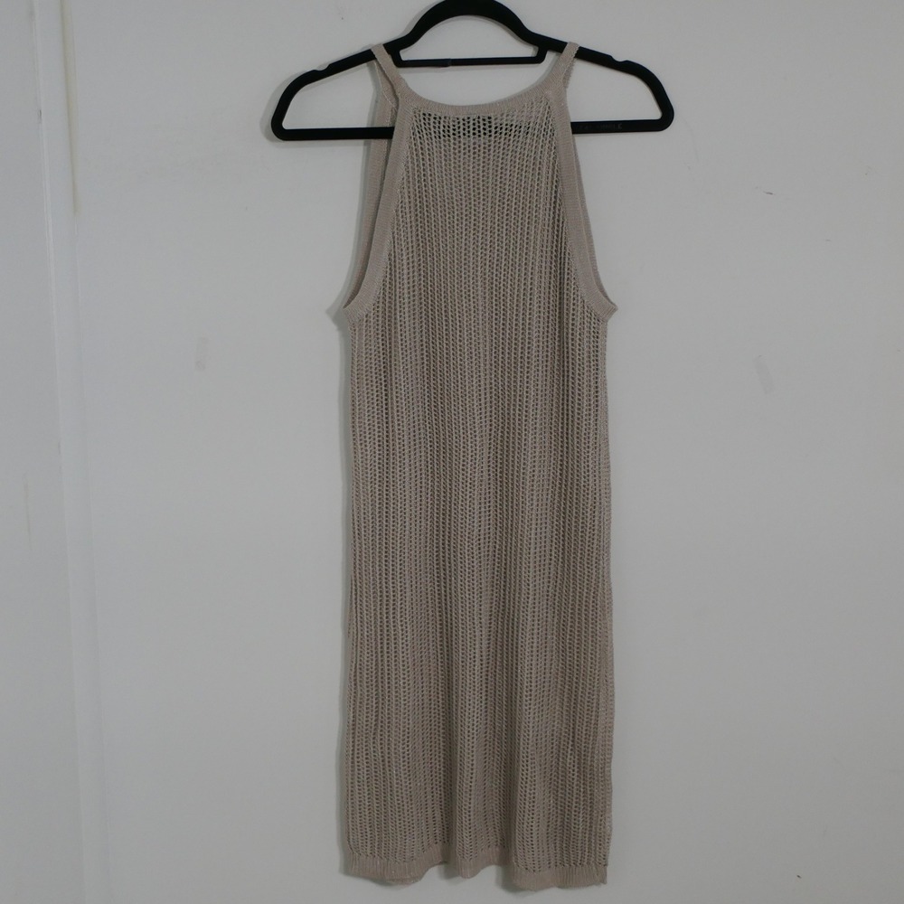 Tahari Beige Gold Open Knit Mini Cover Up Dress M Sleeveless Metallic Boho Beach